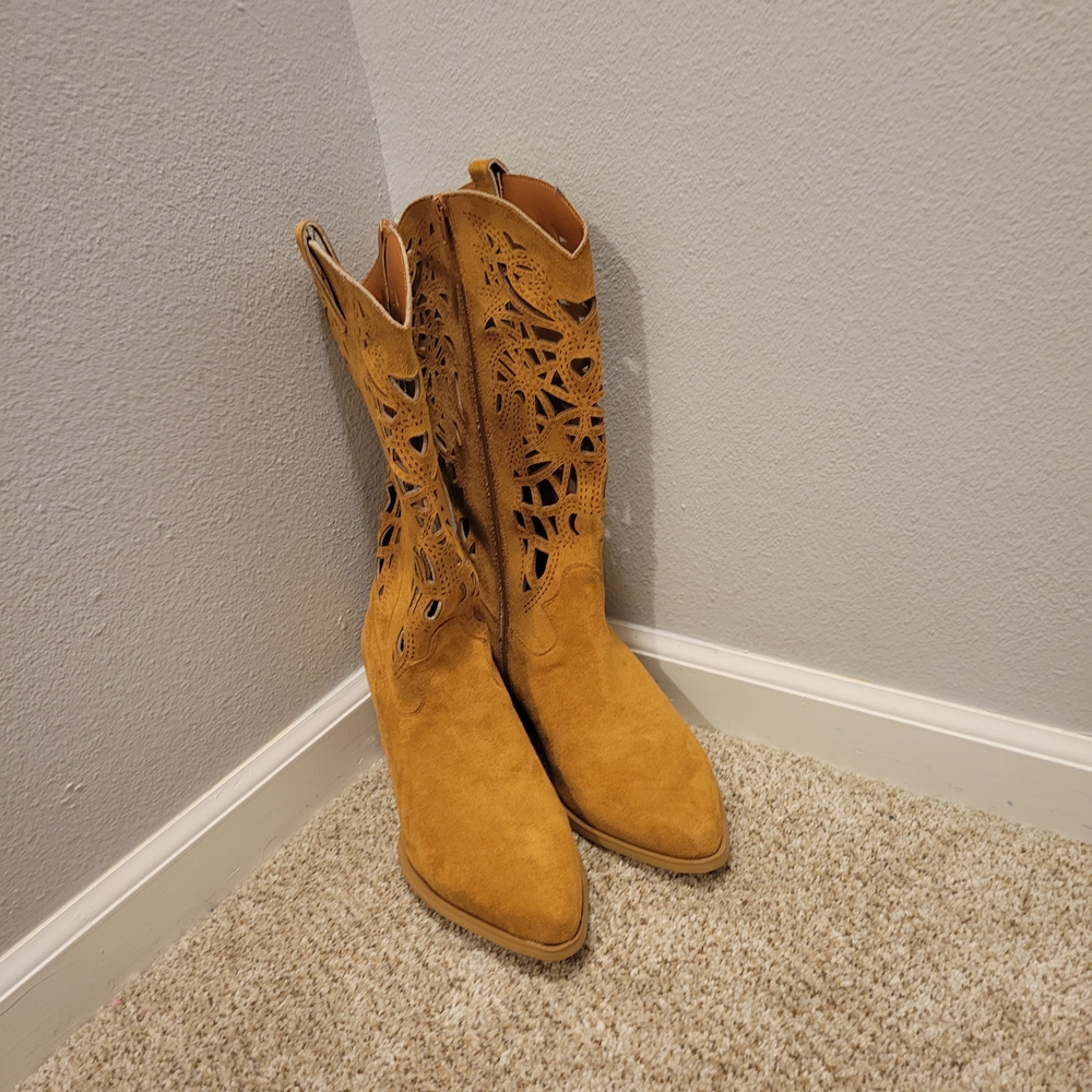 Chic Tan Laser-Cut Heeled Boots for Women